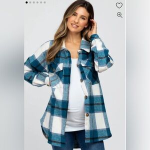 Pinkblush, Teal Plaid Brushed Button Down Maternity Over Shirt, Size Medium